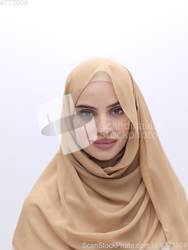 Image of Portrait of young muslim woman wearing hijab