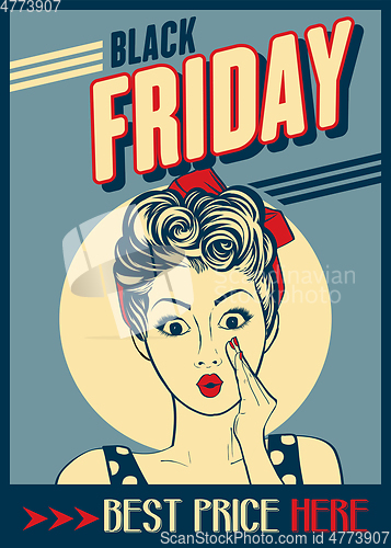 Image of Black friday banner with pin-up girl. Retro style.