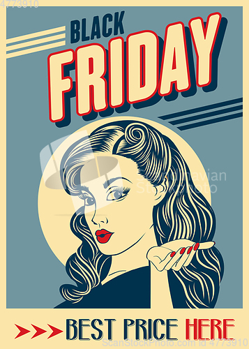 Image of Black friday banner with pin-up girl. Retro style.