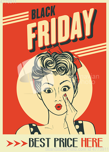 Image of Black friday banner with pin-up girl. Retro style.