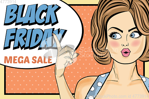 Image of Black friday banner with pin-up girl. Retro style.