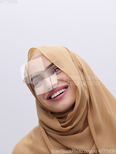 Image of Portrait of young muslim woman wearing hijab