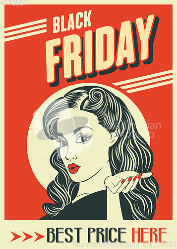 Image of Black friday banner with pin-up girl. Retro style.