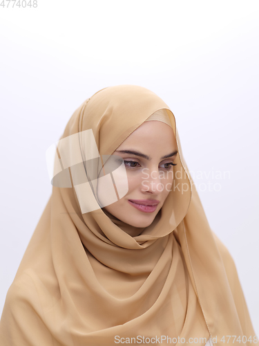 Image of Portrait of young muslim woman wearing hijab