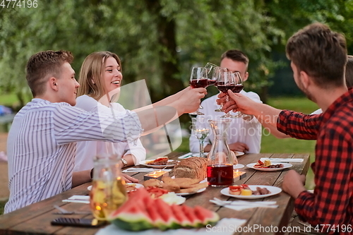 Image of friends toasting red wine glass while having picnic french dinner party outdoor