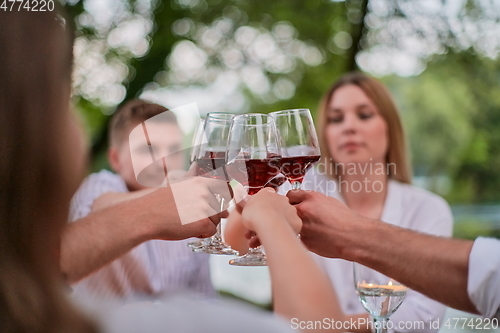 Image of friends toasting red wine glass while having picnic french dinner party outdoor