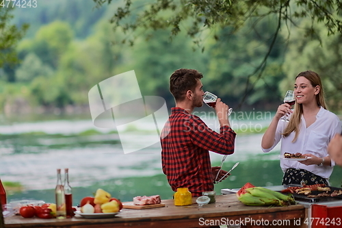Image of friends toasting red wine glass while having picnic french dinner party