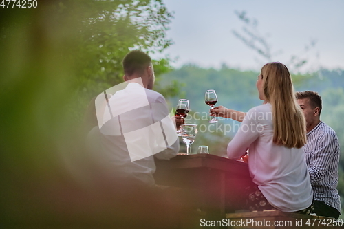 Image of friends toasting red wine glass while having picnic french dinner party outdoor