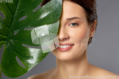 Image of beautiful young woman with green monstera leaf