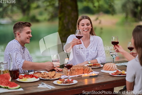 Image of riends toasting red wine glass while having picnic french dinner party