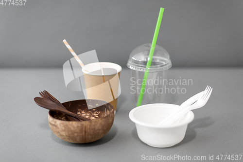 Image of close up of eco friendly and plastic tableware