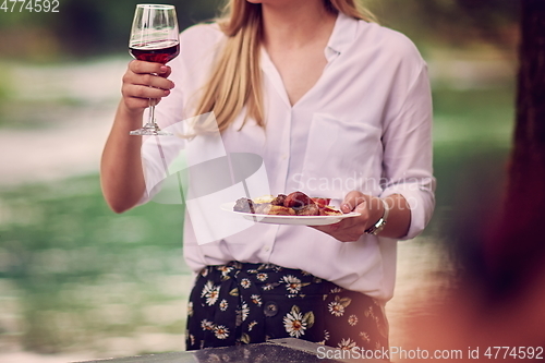 Image of friends toasting red wine glass while having picnic french dinner party