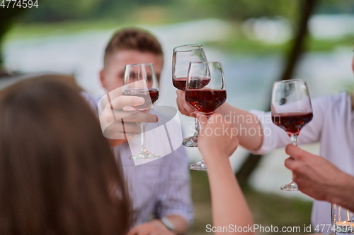 Image of friends toasting red wine glass while having picnic french dinner party