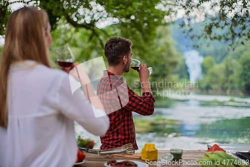 Image of friends toasting red wine glass while having picnic french dinner party