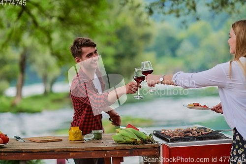 Image of friends toasting red wine glass while having picnic french dinner party