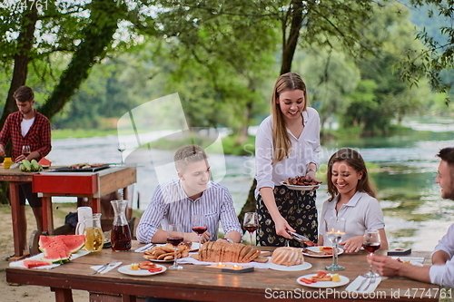 Image of friends having picnic french dinner party outdoor during summer holiday