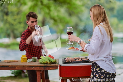 Image of friends toasting red wine glass while having picnic french dinner party
