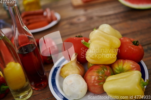 Image of Vegetables. Fresh Bio Vegetable and meat Over wooden Background. Top view
