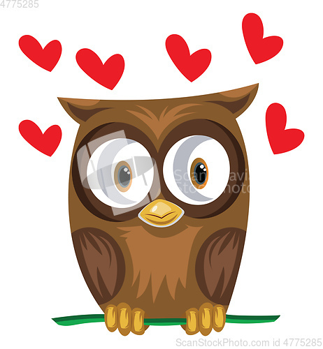 Image of Brown owl in a green branch with red hearts vector illustration 