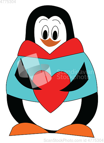 Image of Cartoon of a penguin in blue coat holding a big red heart vector