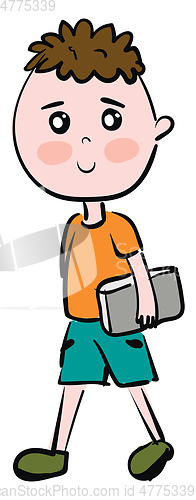 Image of Cartoon boy with grey book vector illustration on white backgrou