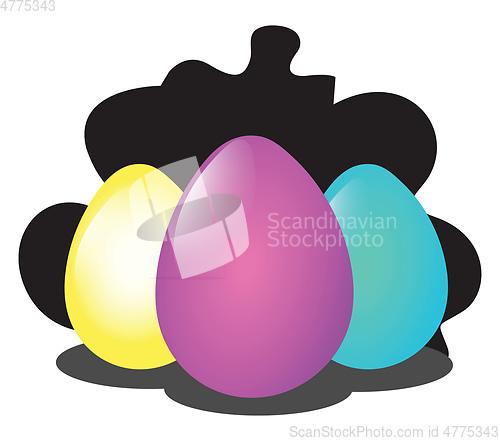 Image of Yellow pink and blue Easter eggs illustration web vector on a wh