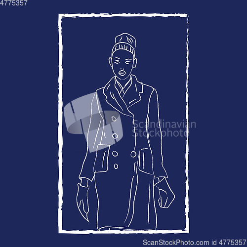 Image of Line art of a girl with white-colored coat over blue background 