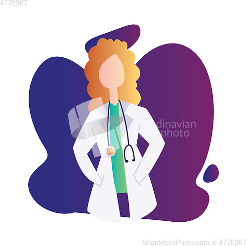 Image of Female doctor with curly blond hair inside a blue and purple sha