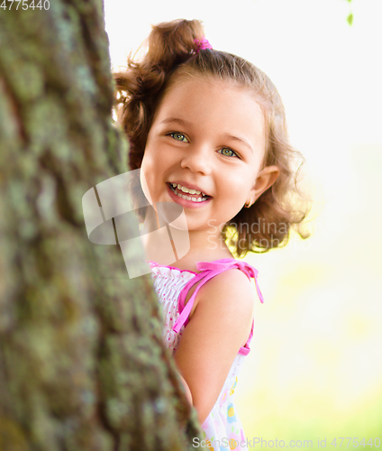 Image of Cute little girl is playing hide and seek