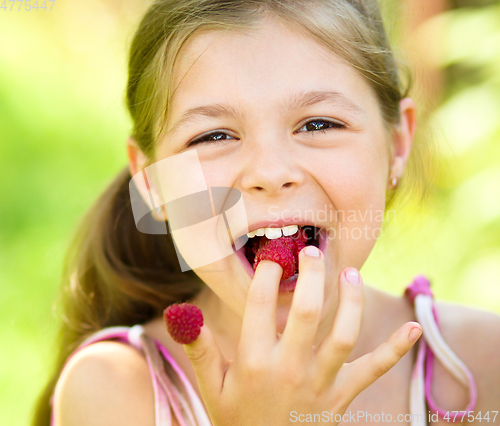 Image of Young girl is holding raspberries on her fingers