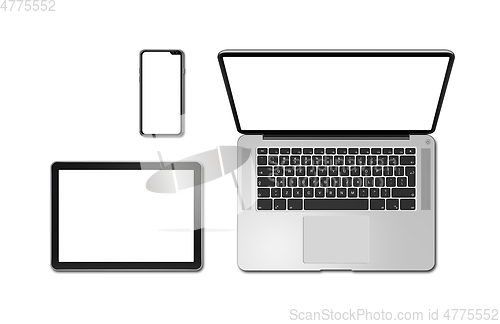 Image of Laptop, tablet and phone set mockup isolated on white. 3D render