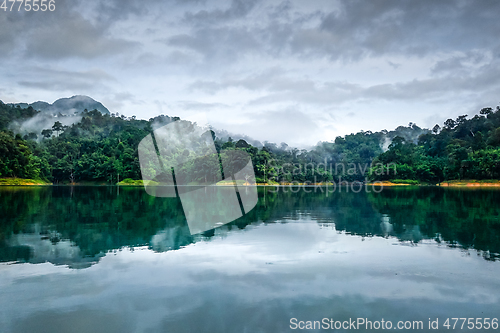 Image of Misty morning on Cheow Lan Lake, Khao Sok National Park, Thailan