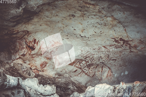 Image of Prehistoric paintings in a cave, Phang Nga Bay, Thailand