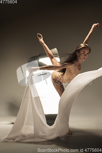 Image of Young and stylish modern ballet dancer on brown background