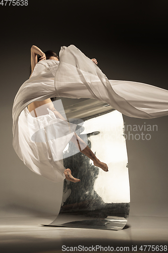 Image of Young and stylish modern ballet dancer on brown background