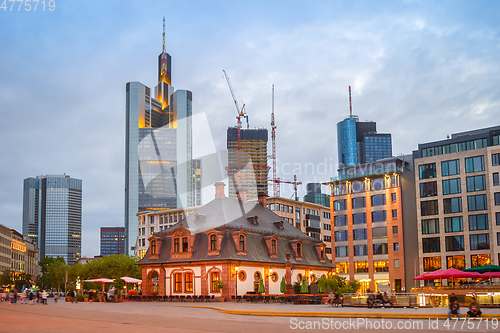 Image of Evening Frankfurt cityscape, illuminated street