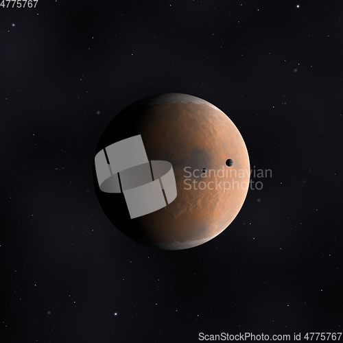 Image of red planet in space with stars