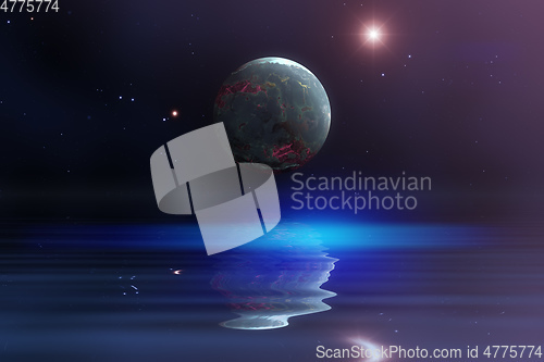 Image of planet in space with water reflection