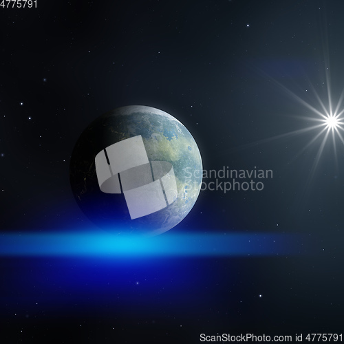 Image of blue planet in space with stars