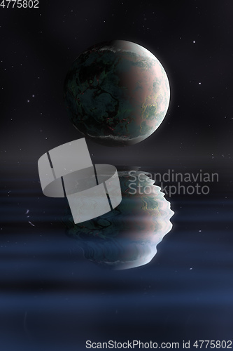 Image of planet in space with water reflection