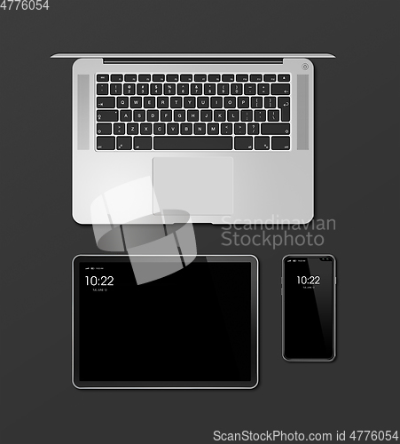 Image of Laptop, tablet and phone set mockup isolated on black. 3D render