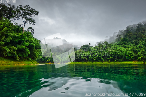 Image of Misty morning on Cheow Lan Lake, Khao Sok National Park, Thailan