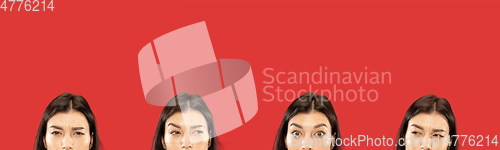 Image of Caucasian young woman\'s close up portrait on red background