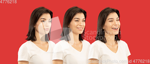 Image of Caucasian young woman\'s close up portrait on red background