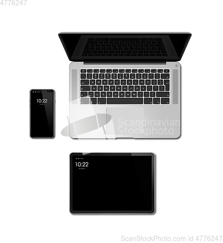 Image of Laptop, tablet and phone set mockup isolated on white. 3D render