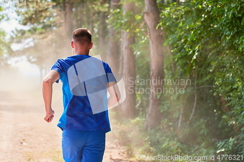 Image of man jogging in a healthy lifestyle on a fresh mountain