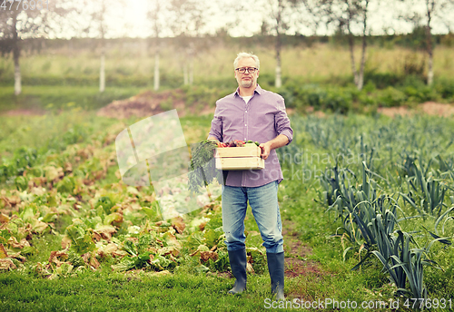 Image of old man with box of vegetables at farm garden