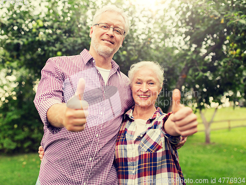 Image of happy senior couple hugging at summer garden