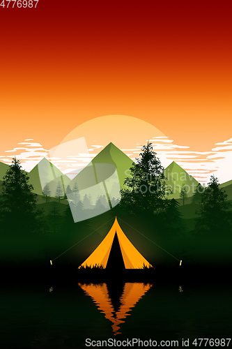 Image of camping tent in the evening mountains nature