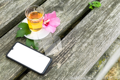 Image of Mallow tea with smartphone on old wooden background